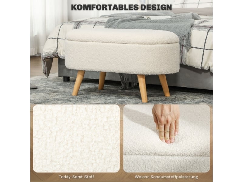  Banc de rangement blanc avec couvercle, repose-pieds en bois avec revêtement en tissu, pour entrée et salon  - Conforama B