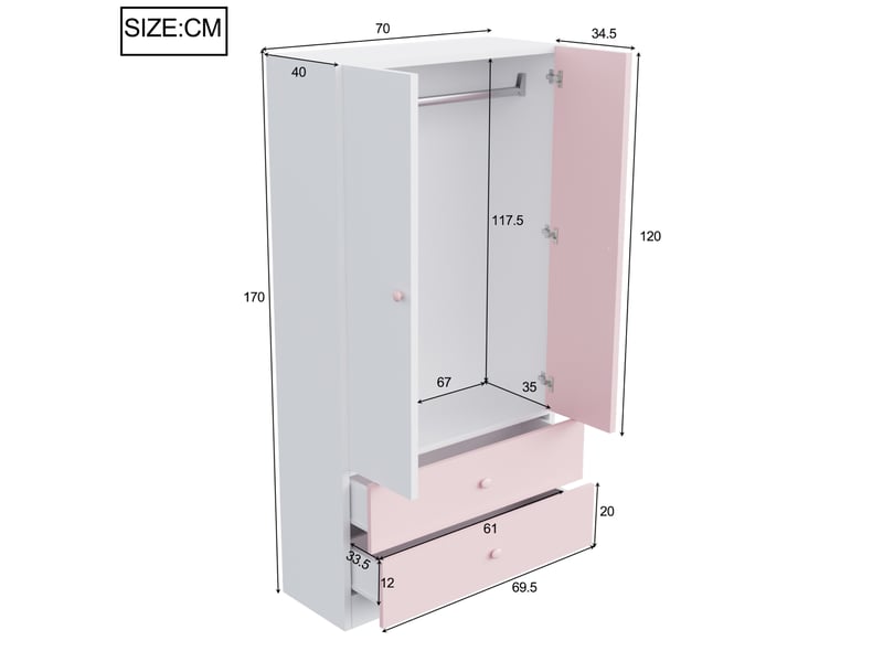 Armoire 70x40x170 cm, 2 portes avec 2 tiroirs et tringle, design à compartiments carrés, couleur bois rose et blanc  - Conforama C