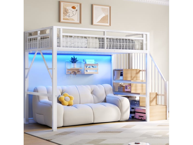  Lit mezzanine enfant 90 x 200 cm avec escalier de rangement et led, blanc  - Conforama D