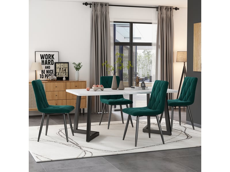  Ensemble table à manger avec 4 chaises, table rectangulaire blanche effet marbre 117 x 68 cm, velours vert émeraude  - Conforama C