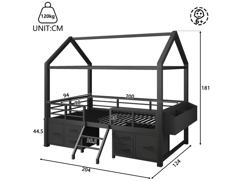  Lit mezzanine enfant 90x200 cm noir en métal et mdf, avec toit maison, led et rangements, sans matelas  - Conforama C