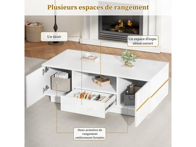 Table basse blanche avec détails dorés, rangement, mdf, 100 x 50 x 35,5 cm - Conforama B