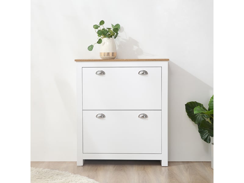  Étagère à chaussures étroite avec 2 tiroirs à rabat et étagère réglable pour 12 paires de chaussures, 79 x 23 x 90,5 cm, blanche  - Conforama B