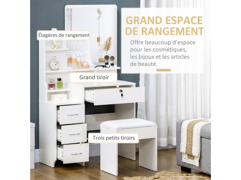  Coiffeuse blanche avec miroir et tabouret rembourré, 4 tiroirs et 4 étagères, 80 x 38 x 143 cm  - Conforama E