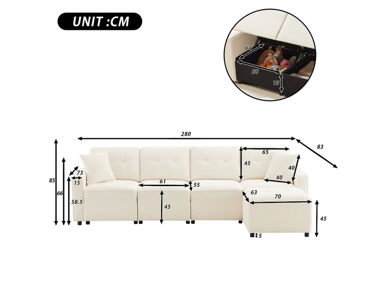  Canapé droit 4 places beige en velours côtelé, 280 × 146 × 85 cm, avec rangement et pouf mobile, pour salon  - Conforama B