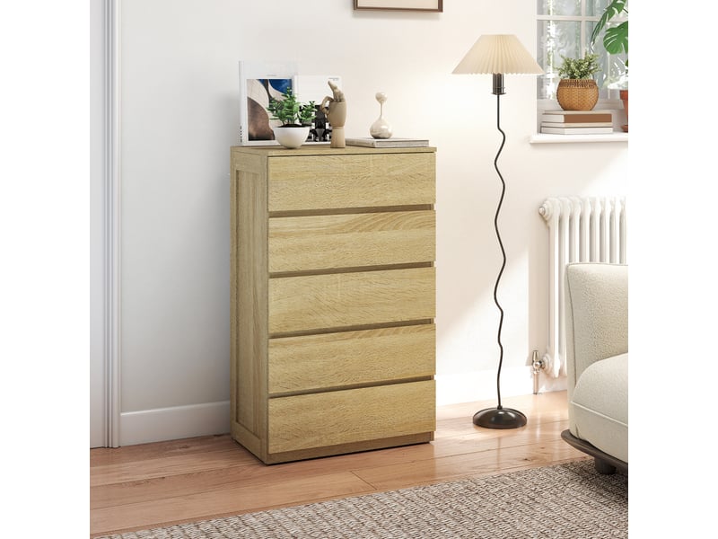  Commode en bois à 5 tiroirs avec glissières métalliques et poignées rainurées, 60 x 39 x 100 cm, couleur hêtre  - Conforama C