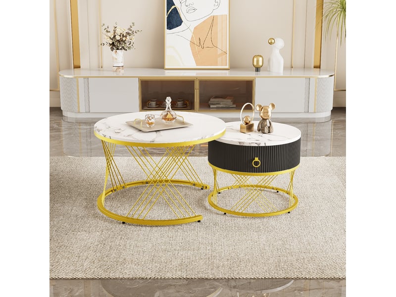  Table basse ulevr gigogne 2 pièces avec tiroir, ø70 et ø50 cm, plateau effet marbre mdf, blanc et doré  - Conforama B