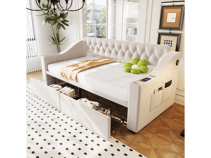  Canapé-lit rembourré 90*190 cm avec accoudoirs larges, port usb, rangements et tiroirs, tissu velours beige  - Conforama C