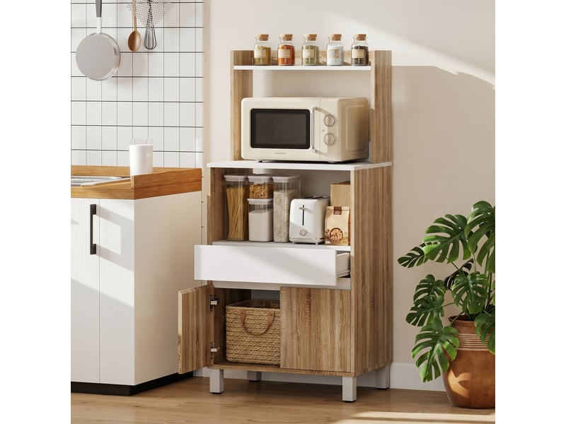  Meuble micro-ondes, buffet de cuisine avec tiroir, 2 portes à fermeture amortie, plan de travail et étagères ouvertes, chêne  - Conforama C