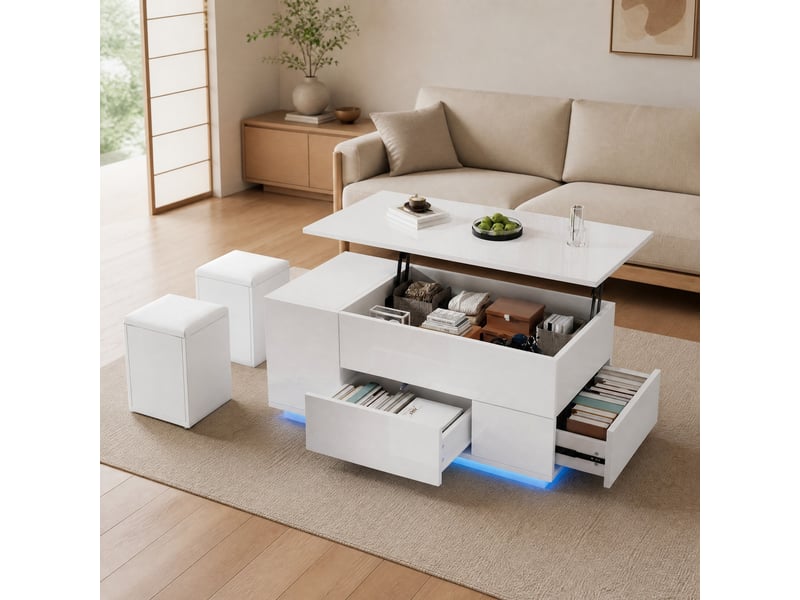  Table basse relevable led avec 2 tiroirs et 2 tabourets pour salon 100×50×45 cm en panneaux de particules blanc  - Conforama B
