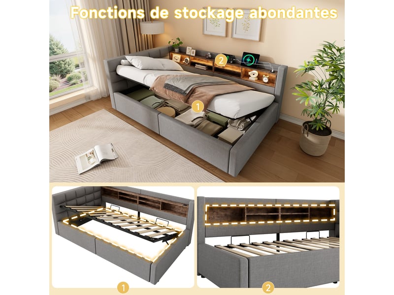  Lit banquette 90x200 cm avec coffre hydraulique-led dimmable et prise usb-tête de lit avec étagères-sommier à lattes-gris  - Conforama D