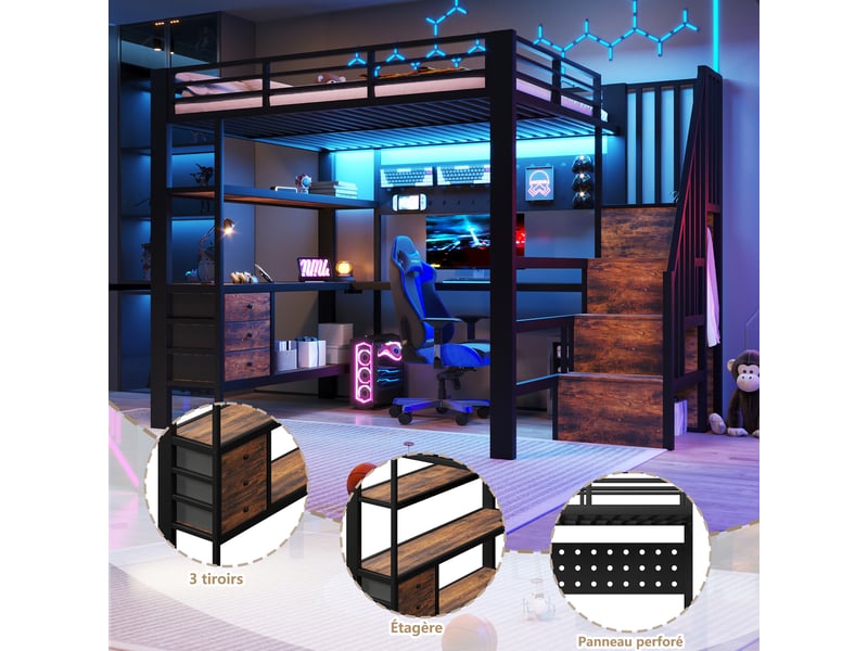  Lit mezzanine enfant métal 140 x 200 cm avec éclairage led  - 3 tiroirs- table - noir ABC - Conforama D