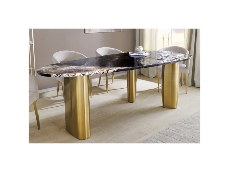  Table de salle à manger nera – ovale 200 cm – plateau marbre gris – pieds métal or – style chic  - Conforama E