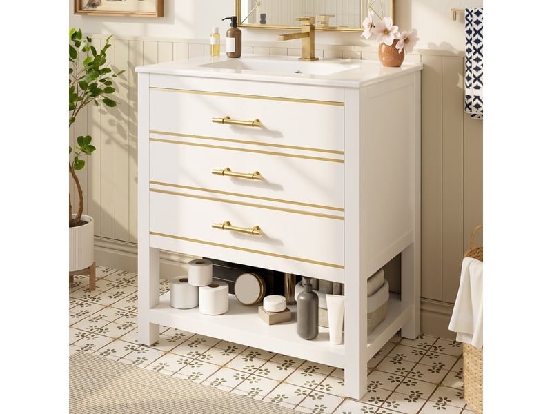  Meuble sous vasque avec 2 tiroirs et niche ouverte, vasque en céramique, salle de bain, mdf blanc et doré, 76 cm  - Conforama B