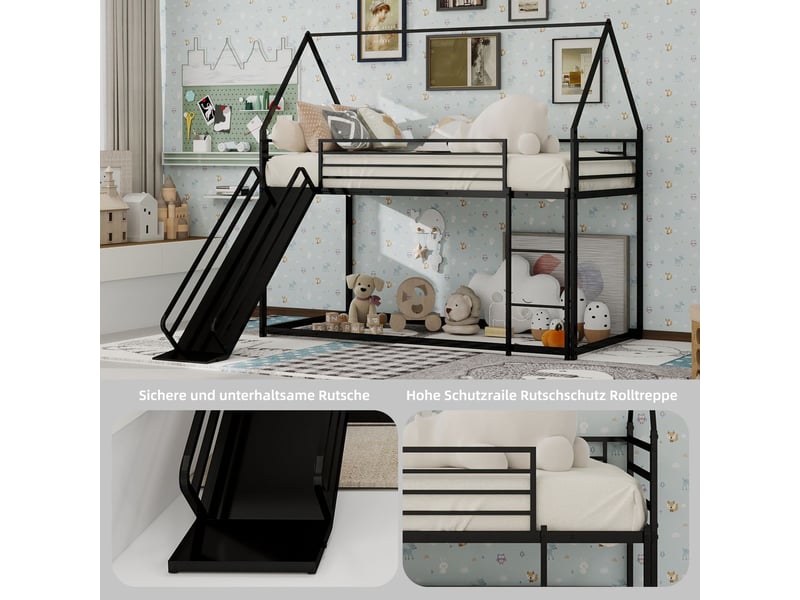  Lit superposé enfant 90x190 cm superposé avec toboggan et échelle, cadre en métal noir, design ludique et gain de place pour chambre  - Conforama D