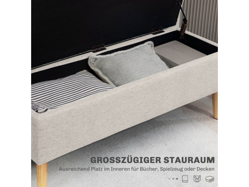  Banc coffre beige 110x39x45 cm, rembourré, aspect lin, bois d’hévéa, salon et chambre  - Conforama C