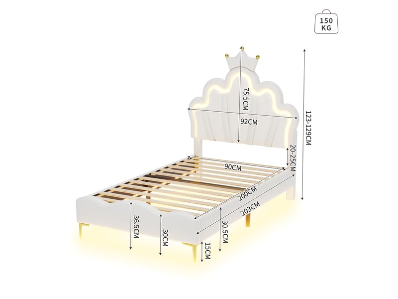 Lit enfant princesse 90x200 cm avec led, similicuir pu blanc - Conforama E