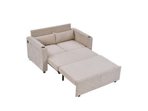 Canapé droit convertible 2 places en tissu beige avec ports usb, coulissant 3 en 1 pour petits espaces