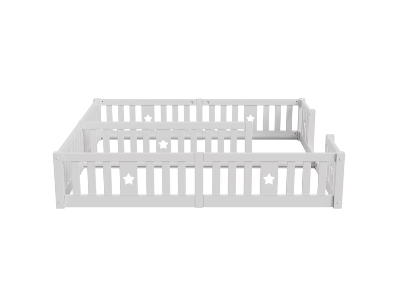  Lit enfant 90x200(x2), lit au sol avec barrière, bois de pin massif, motif étoiles, sommier non inclus, style montessori, blanc  - Conforama D
