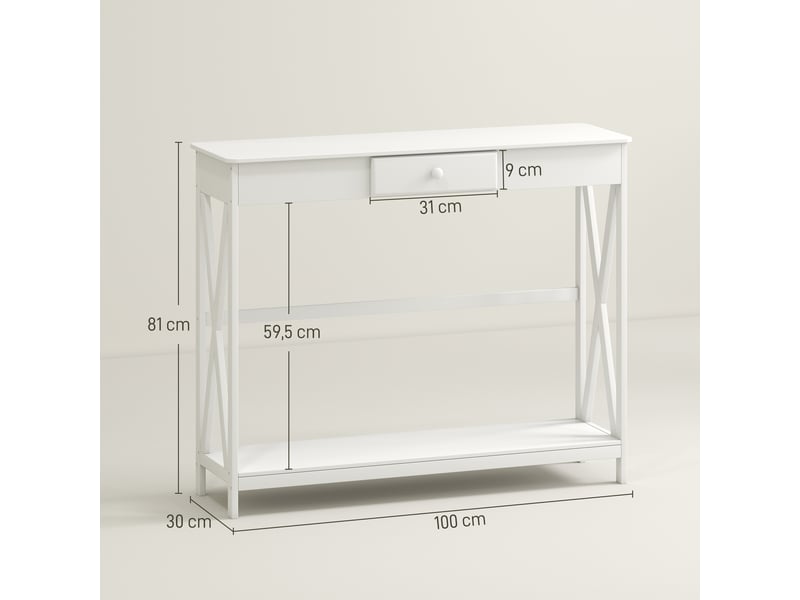  Console en bois, table d'entrée avec 1 tiroir et 1 étagère de rangement pour couloir ou salon, 100 x 30 x 81 cm, blanche  - Conforama E