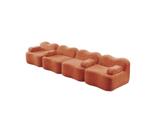 Canapé modulaire 4 places en velours orange, forme ondulée, 384 x 98 x 70 cm