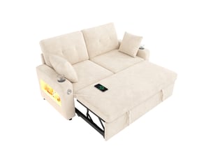 Canapé droit convertible 2 places 141,5x131x83,5 cm en chenille avec led, usb type-c, porte-gobelets et rangement - beige
