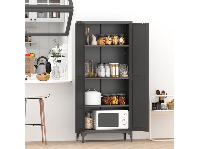  Buffet haut de rangement 165x70x35 cm, avec 2 portes en métal, style contemporain, meuble de rangement, coloris noir  - Conforama D