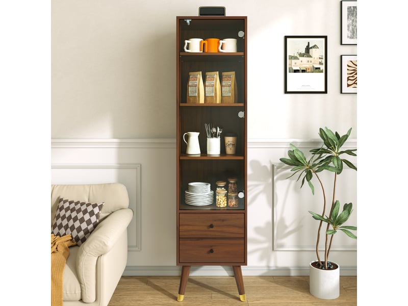 Armoire vitrine avec 3 étagères réglables et 2 tiroirs, meuble haut avec porte en verre à ouverture par pression, pour salon ou bureau, effet noyer Seren Glow - Conforama D