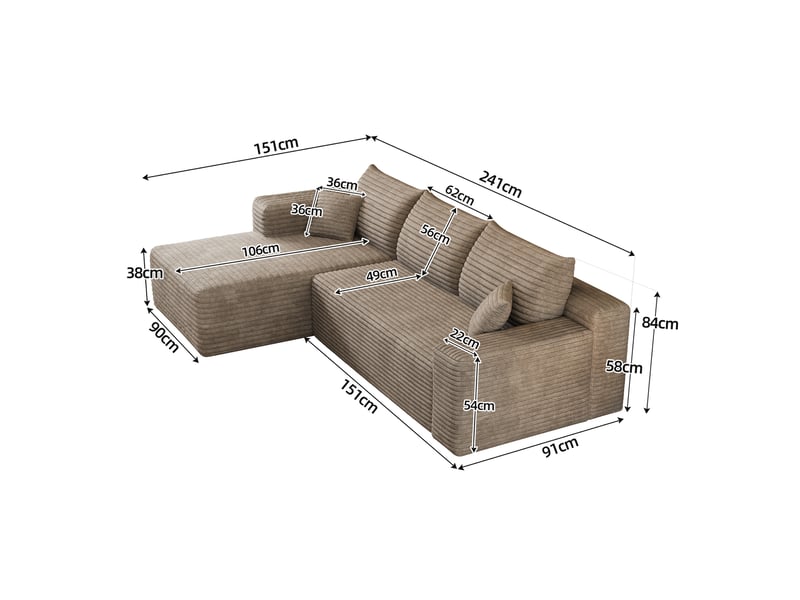  Canapé d'angle modulable 3 places en velours côtelé camel, 241 x 151 x 84 cm, méridienne gauche, sans montage, livré compressé, assise profonde CARDUME ESTIVAL - Conforama C