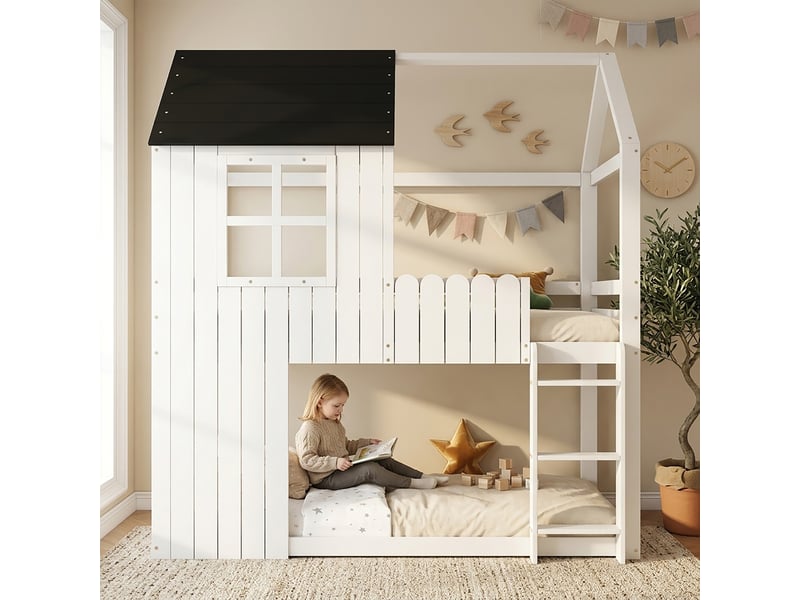  Lit mezzanine enfant 90x200 cm, lit cabane avec fenêtres, escalier 3 marches, barrières de sécurité, pin et mdf - blanc et noir  - Conforama E