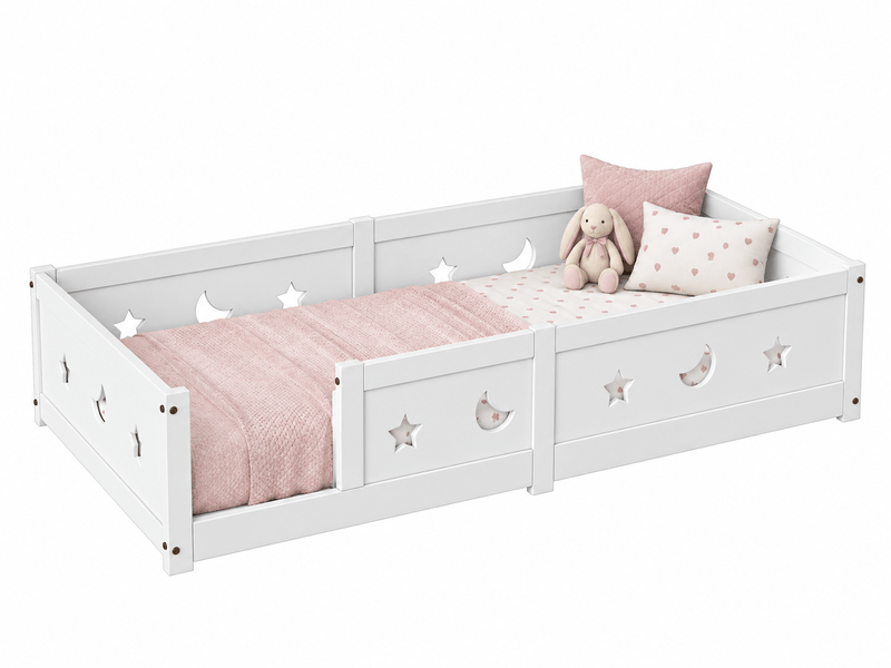  Lit au sol enfant 90x200 lit montessori au sol en bois massif avec barrière de sécurité et sommier à lattes  - Conforama A