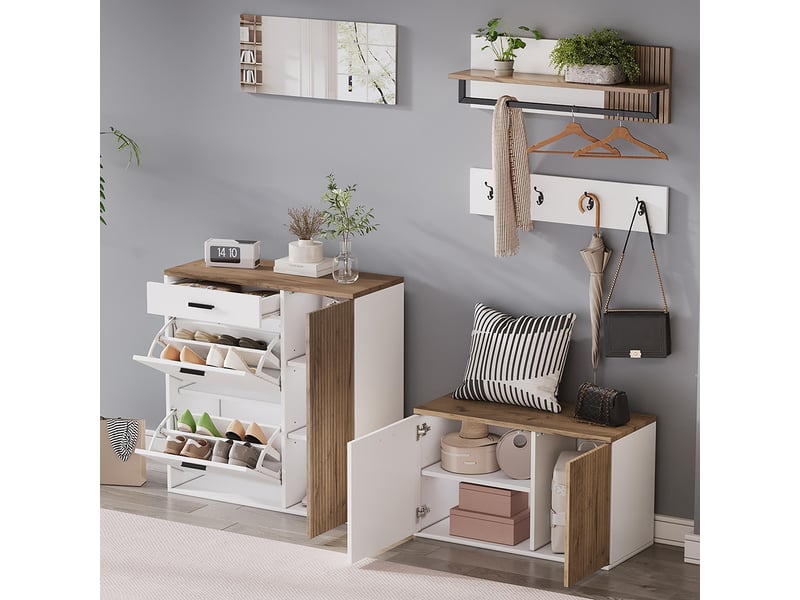 Ensemble meuble à chaussures portemanteau 5 pièces armoire banc miroir étagère suspendue panneau 4 crochets pour couloirs entrées salons - Conforama E
