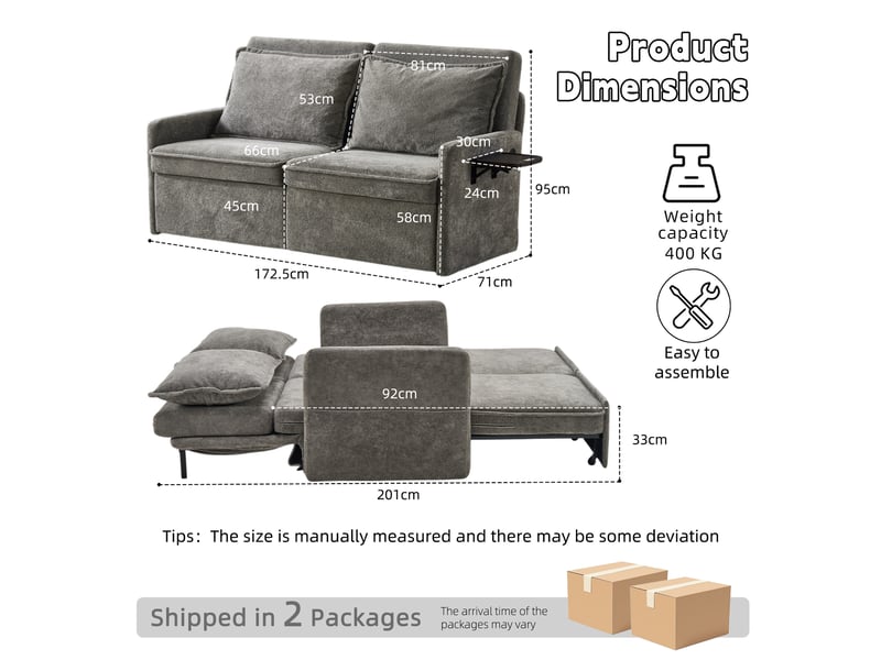 Canapé convertible 3-en-1 avec dossier réglable et usb - poches latérales chenille gris 172,5 × 71 × 95 cm - Conforama D