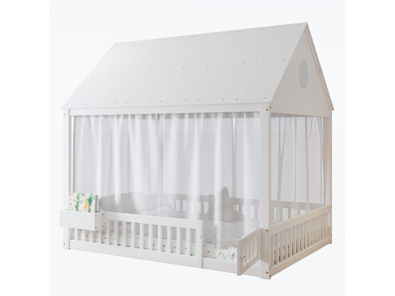 Lit cabane enfant 140x200 cm en bois et mdf avec rideaux blancs et rangement - Conforama A
