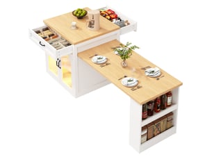 Desserte de cuisine extensible avec 2 tiroirs, étagère réglable et led rgb, pour cuisine, blanc, 126 × 59 × 94 cm