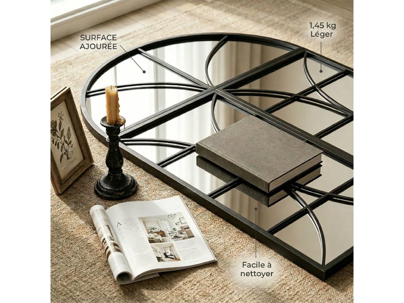  Miroir mural arqué 80 x 120 cm, lot de 3 pièces, miroir verrière en forme de fenêtre, noir, verre trempé et métal  - Conforama W