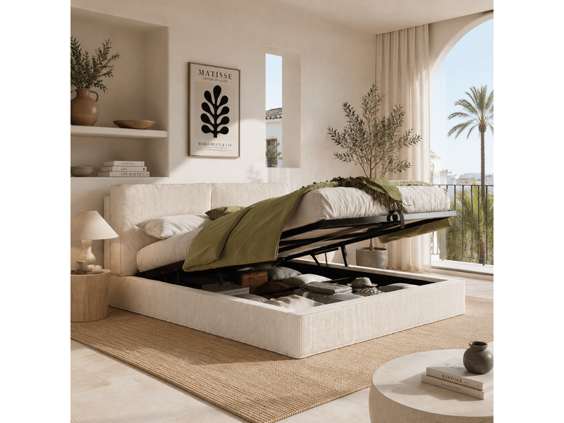 Lit coffre rembourré 180 x 200 cm en velours côtelé beige, tête de lit épaisse, sommier à lattes N634U0009D - Conforama D