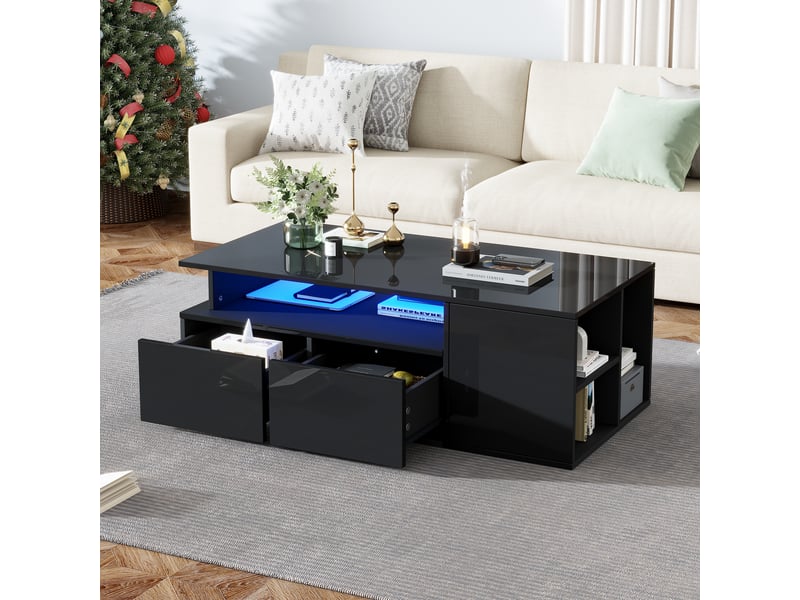 Table basse rectangulaire noir avec 2 tiroirs - 50x100 cm led panneau de particules table basse noir - Conforama B