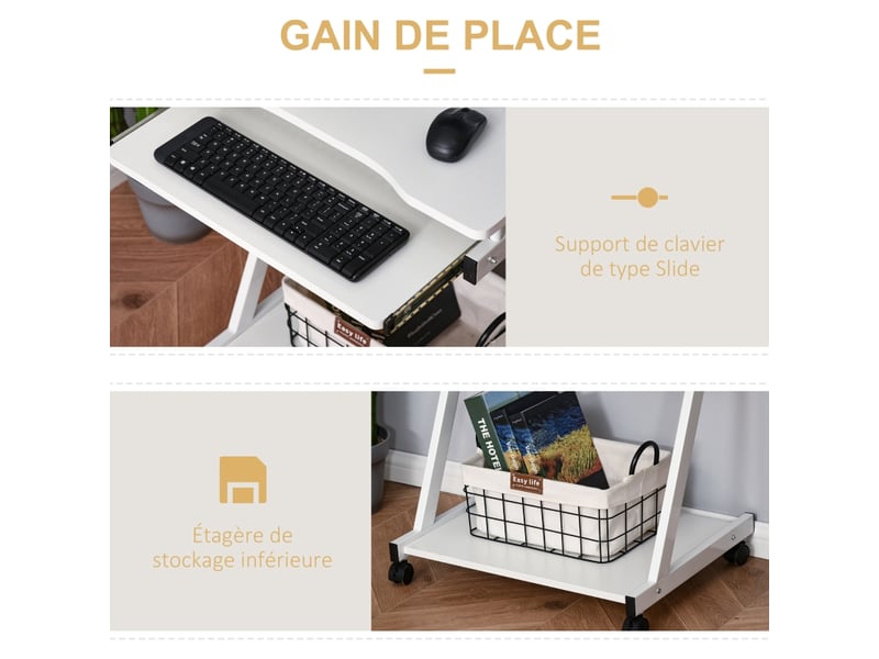  Bureau informatique roulant - bureau mobile - table d'ordinateur - tablette coulissante clavier + étagère - blanc  - Conforama E