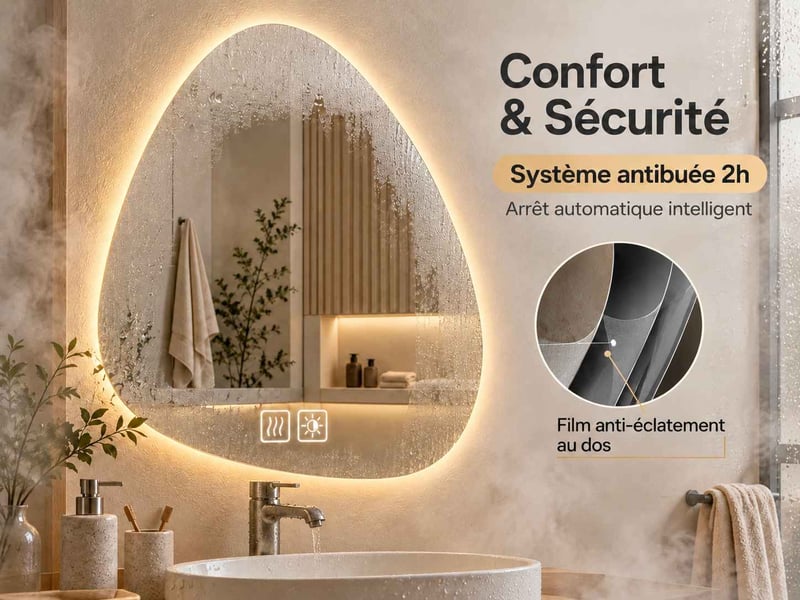  Miroir salle de bain led 50 × 70 cm, forme goutte d'eau avec éclairage 3 couleurs, antibuée et tactile dimmable  - Conforama E