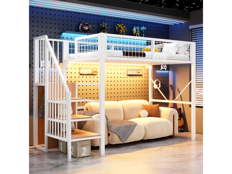  Lit mezzanine 90 x 200 cm avec led et escalier de rangement, lit simple en métal blanc avec penderie ouverte, rangements et garde-corps grillagé  - Conforama C