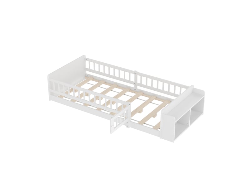  Lit enfant 90x200 cm en pin blanc, rangement ouvert, étagères et espace de rangement, sans matelas  - Conforama E