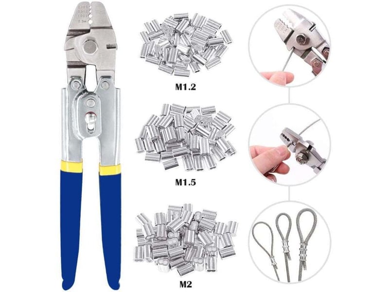  Outil de sertissage de câbles métalliques pour cable métallique jusqu'à 2,2 mm avec 150 manchons de sertissage double barillet en aluminium  - Conforama A