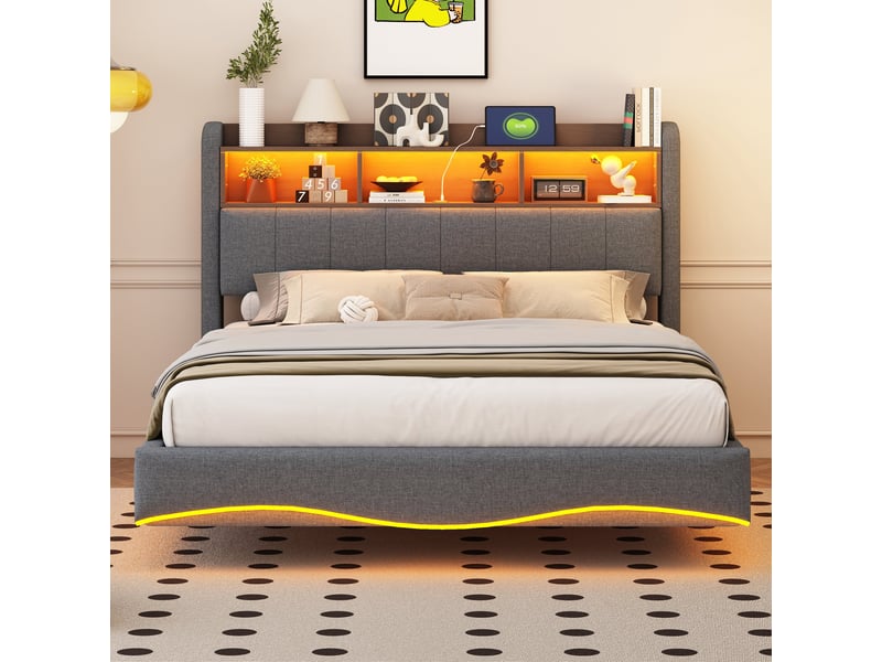 Lit double rembourré 140 x 200 cm effet flottant avec led, usbusb-c et rangement de tête de lit, tissu effet lin gris Fay Lum - Conforama D