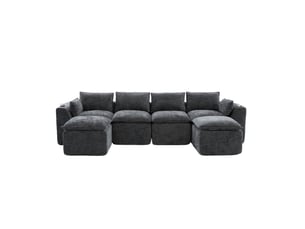 Canapé modulable compression d'angle en u,322x161x75cm,velours côtelé,canapé 4 places avec 2 poufs,porte-gobelets,poches latérales,sans montage,gris foncé