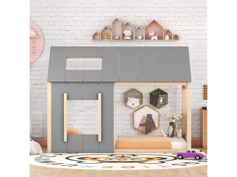  Lit enfant 90 x 200 cm naturel et gris, forme maison avec toit et fenêtre, structure en pin, sans matelas  - Conforama E
