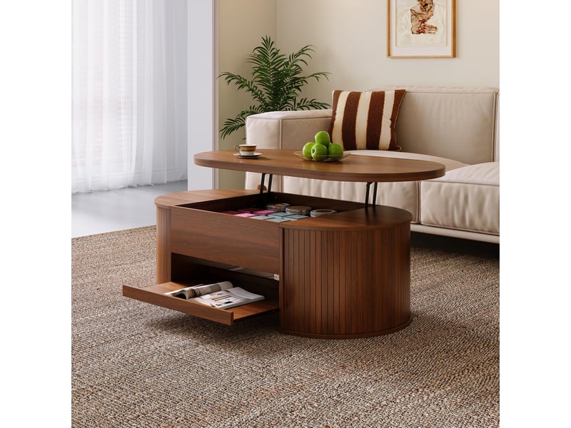  Table basse relevable, table de salon avec plateau relevable et étagère coulissante, style scandinave avec rangement caché 110x55.5x40cm, noyer  - Conforama C