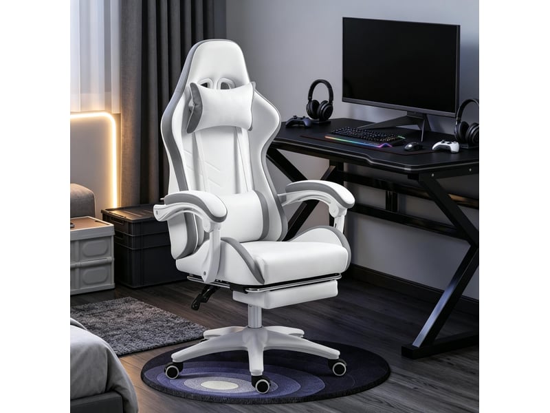  Fauteuil gaming ergonomique 65 x 65 x 121-129 cm – blanc – dossier inclinable à 135° et repose-pieds  - Conforama B
