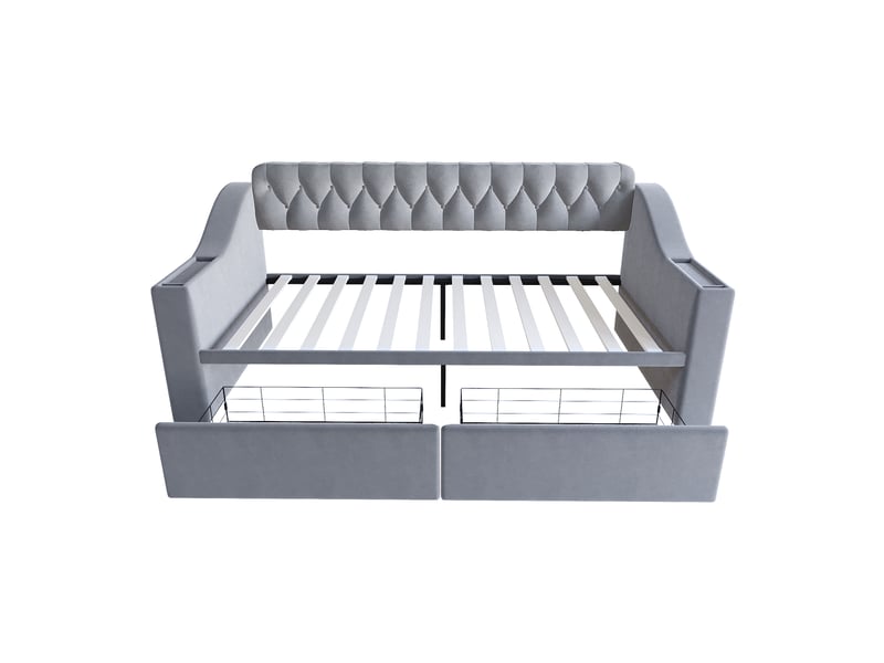  Lit enfant 90x190 cm tiroirs accoudoirs larges rangements ouverture pression port usb métal velours gris sans matelas  - Conforama E