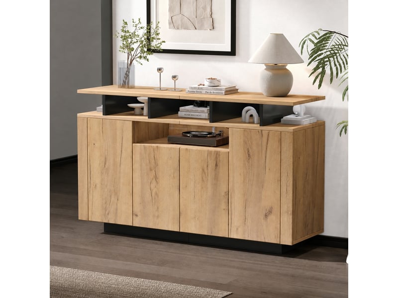  Buffet 4 portes avec 3 niches ouvertes, bois naturel et noir, 140 x 40 x 85 cm  - Conforama D